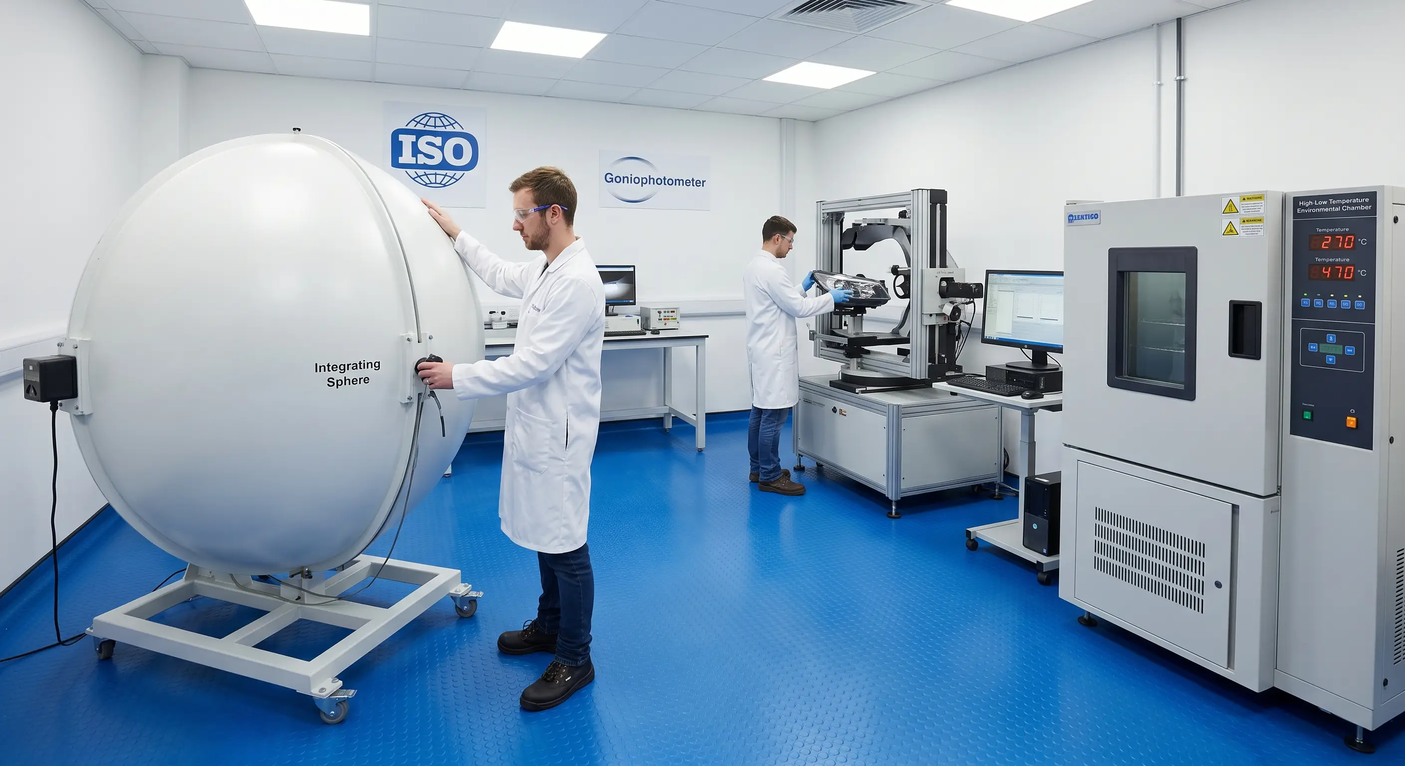 Photo collage of CARNEON factory testing floor showing Integrating Sphere, Goniophotometer and Thermal Shock Chambers