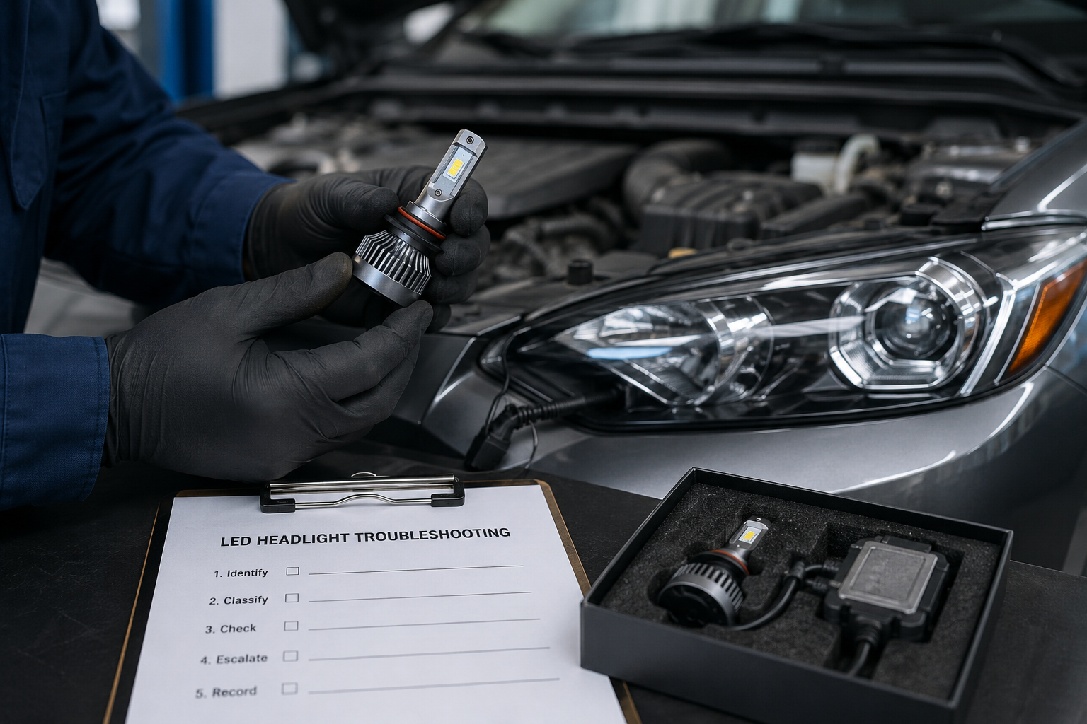 Decision tree for distributors troubleshooting LED headlight installation and compatibility complaints