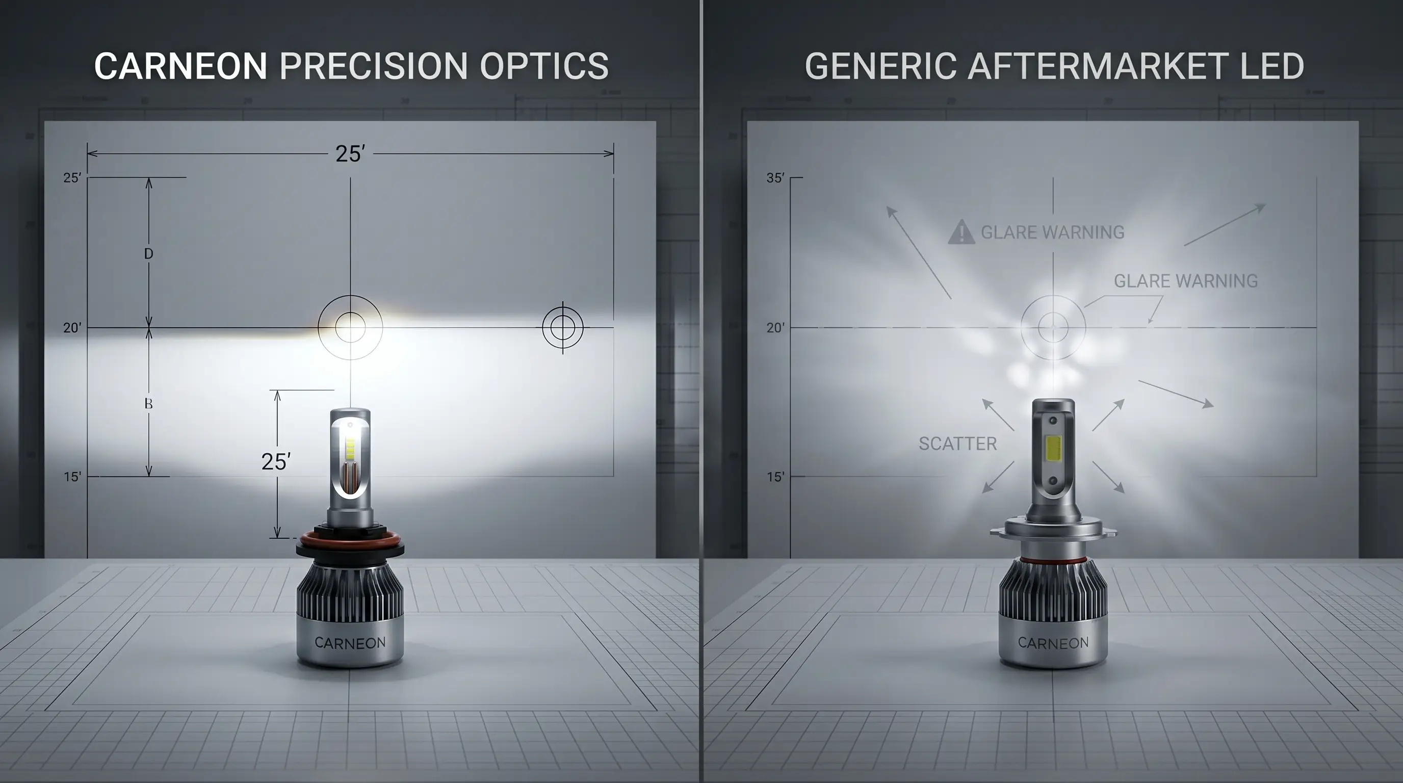 Two side-by-side photos of a wall-projection test showing a sharp cut-off line vs scattered glare