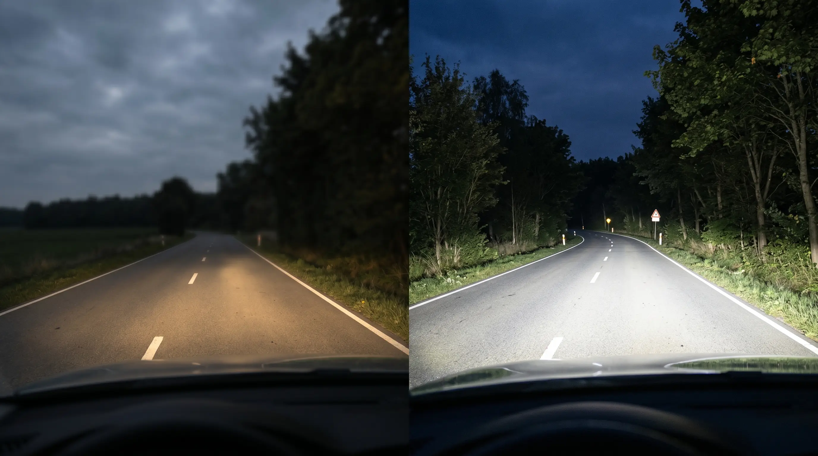Split view showing road illumination difference between standard halogen bulb and high-performance CARNEON LED headlight bulb at night