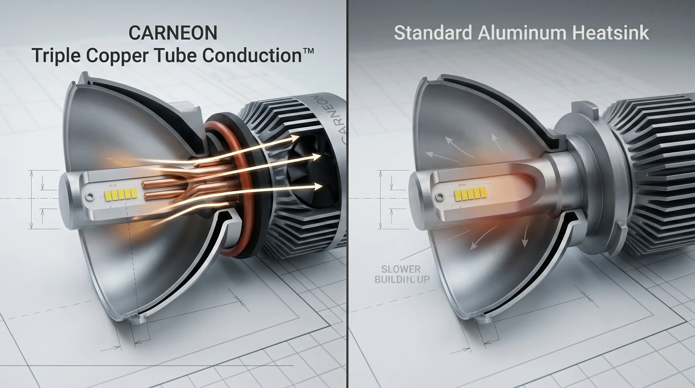 Cutaway thermal management comparison showing rapid heat transfer of CARNEON Triple Copper Tube Conduction technology vs aluminum heatsink