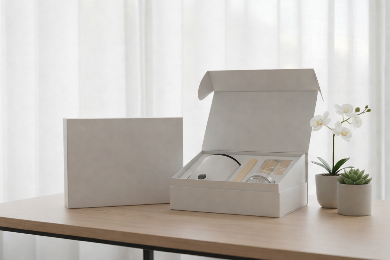 White box with a wax warmer kit and accessories, next to a closed box and potted plants.