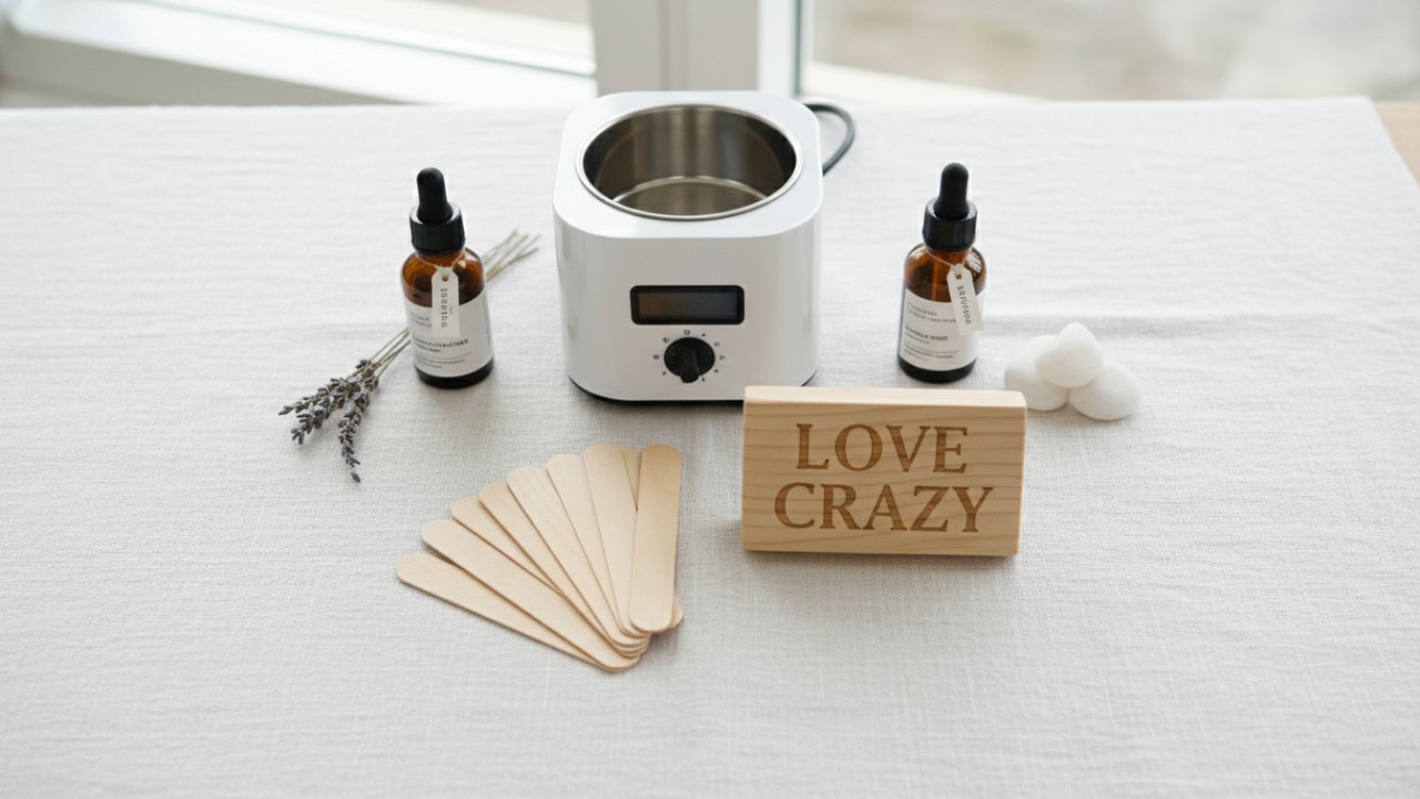 A clean flat lay of professional waxing equipment and tools featuring a sign with the LOVE CRAZY brand name.