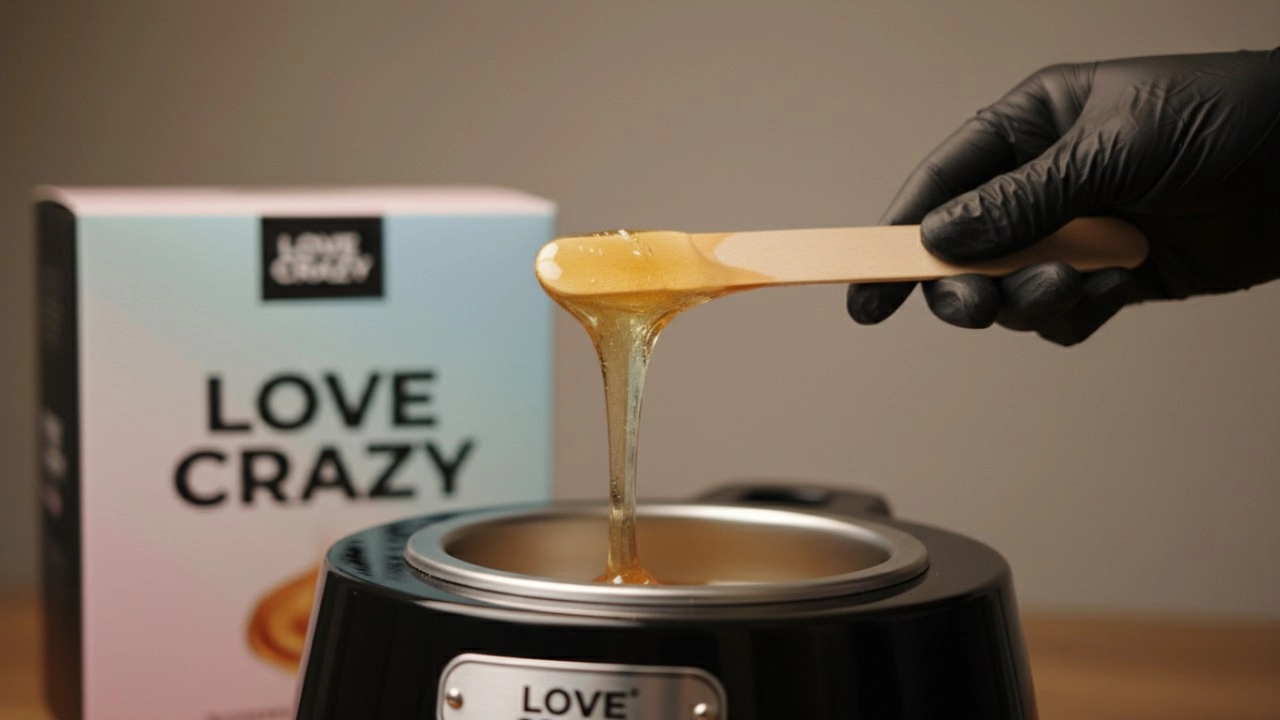 A close up of an esthetician checking wax consistency with a LOVE CRAZY product box in the background. - LOVE CRAZY