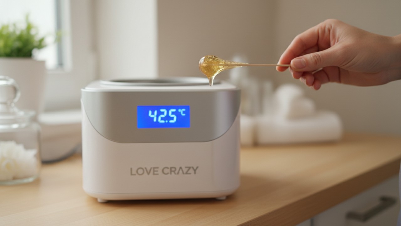 A close up of melted wax on a spatula with a LOVE CRAZY brand digital warmer in a professional salon setting.