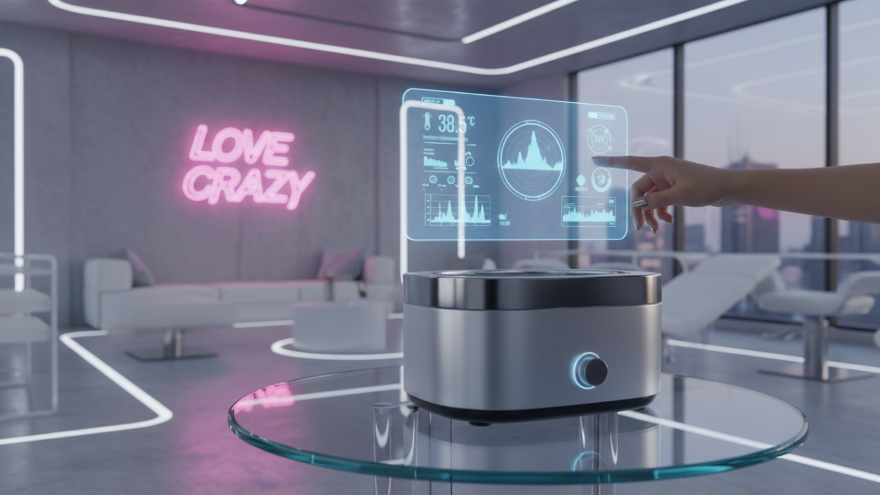 A futuristic smart wax warmer with a holographic control panel in a 2026 style salon with the LOVE CRAZY brand name on the wall.