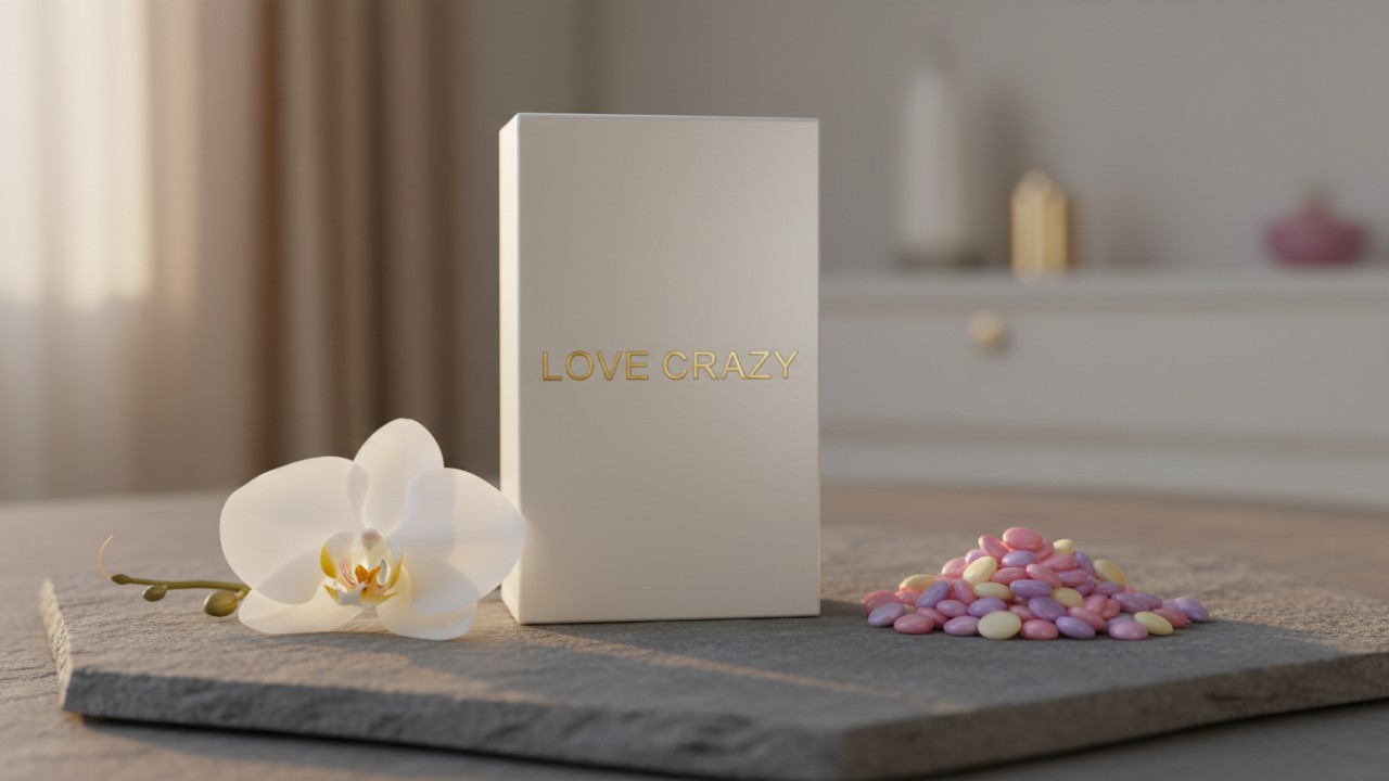 A luxurious and minimalist spa-themed scene featuring a LOVE CRAZY branded product box and a decorative orchid.