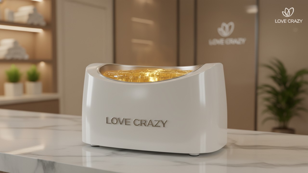A premium digital wax heater containing melted golden wax with the LOVE CRAZY brand name visible on the front.