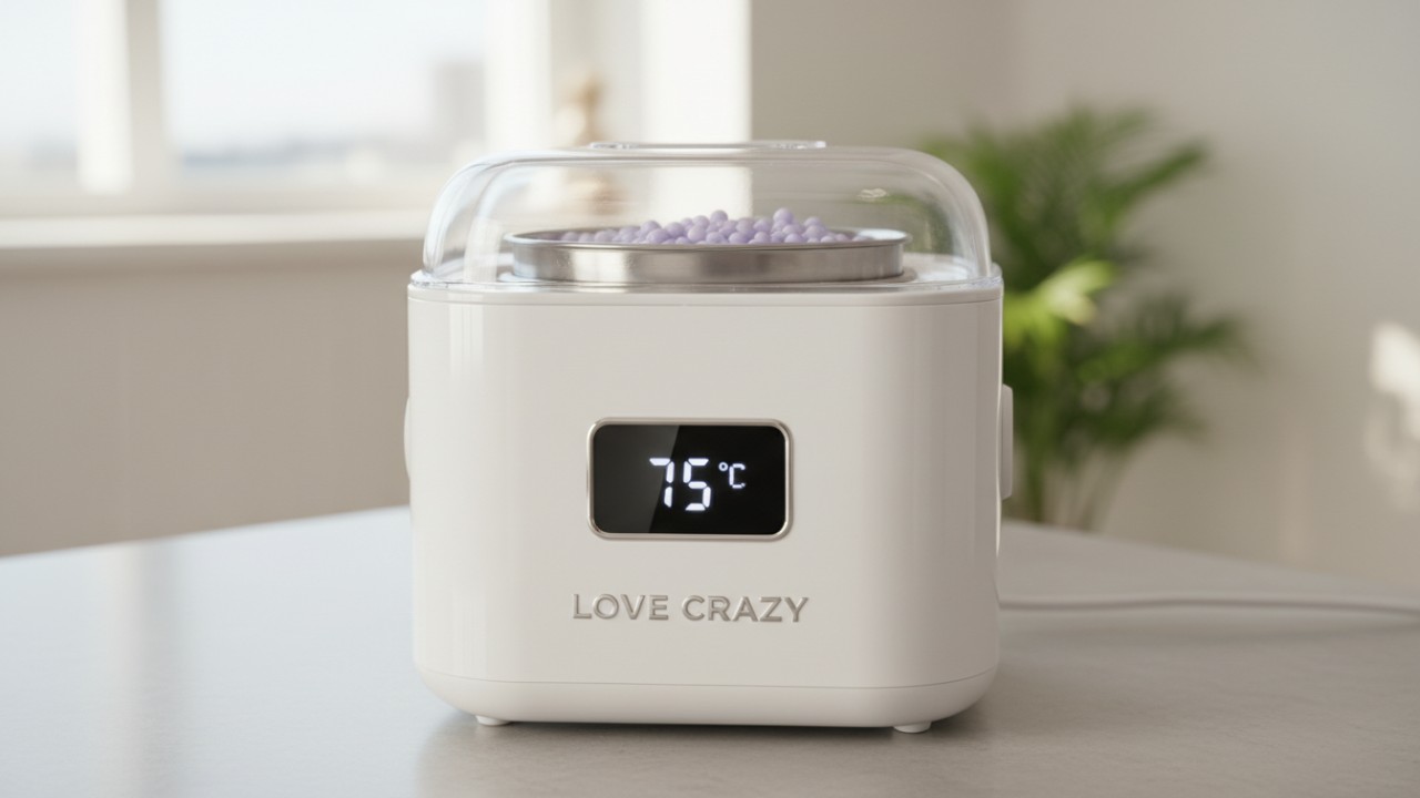 A professional digital wax heater branded with LOVE CRAZY containing melting purple wax beads in a bright studio.