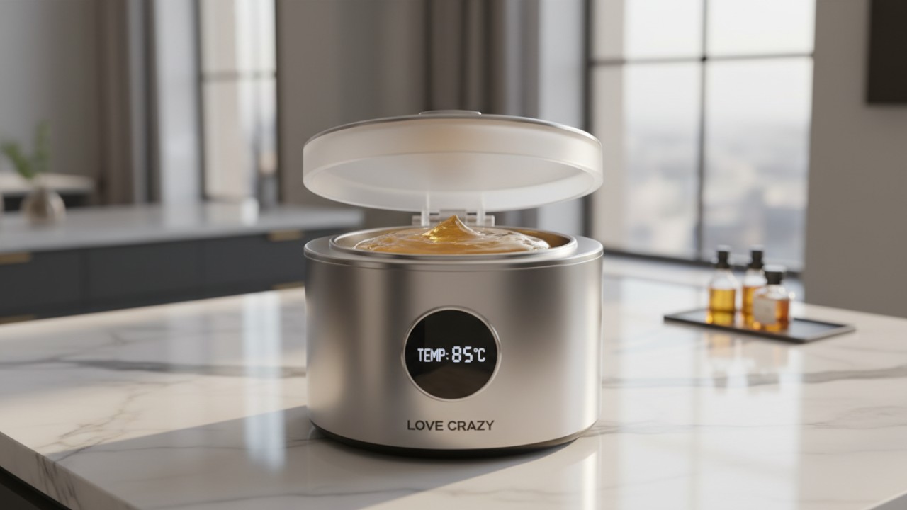 A professional digital wax warmer by LOVE CRAZY showing smooth golden wax and precise temperature settings on a marble surface.