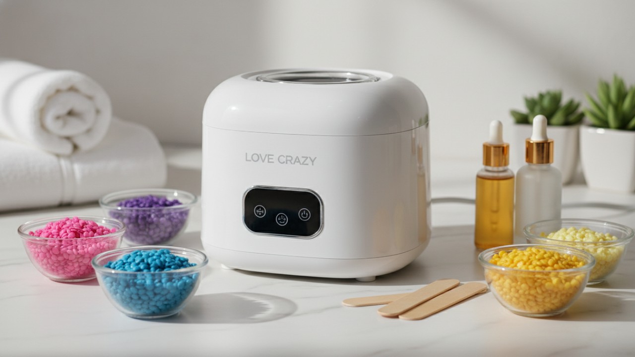 A professional waxing equipment setup featuring a digital wax heater with LOVE CRAZY branding, colorful wax beads, and wooden application sticks on a marble surface.