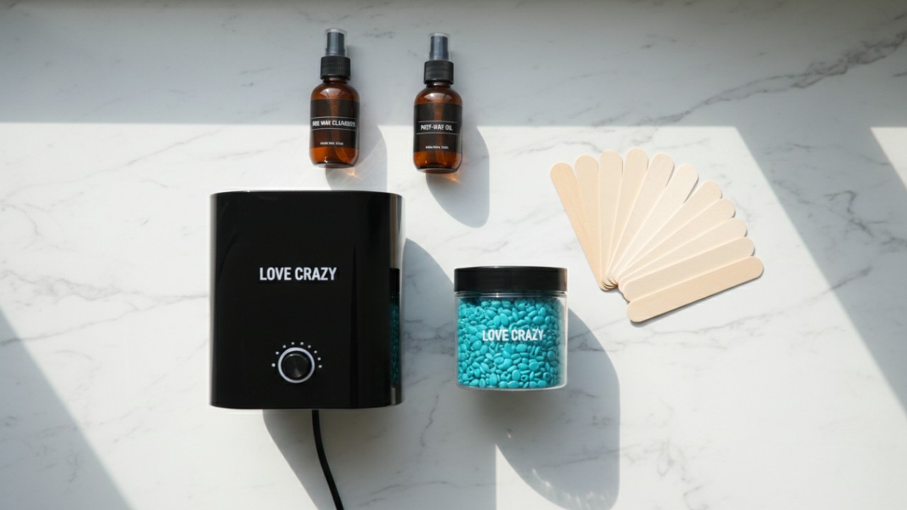 A professional waxing kit display featuring a digital heater, wax beans, and application tools with the LOVE CRAZY brand logo.