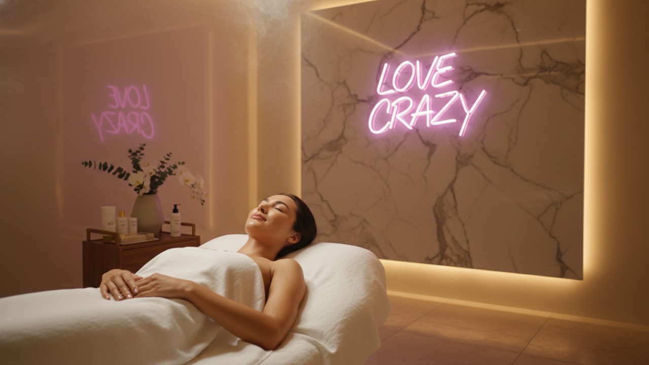 A satisfied client with smooth skin in a luxury spa environment featuring LOVE CRAZY branding.