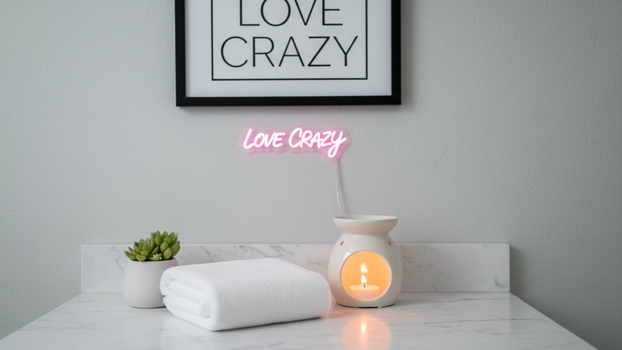 A serene home spa vanity setup featuring a wax heater and a decorative LOVE CRAZY sign on the wall.
