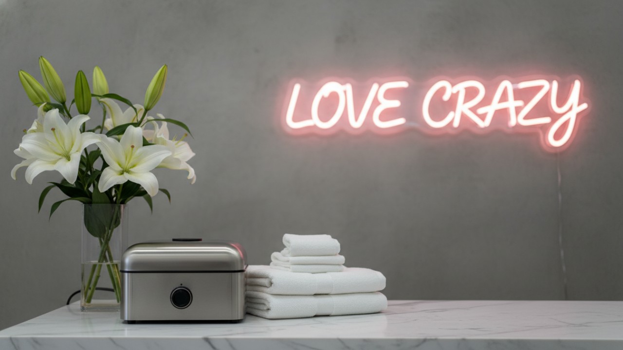 A serene salon environment featuring a LOVE CRAZY neon sign and professional waxing equipment.