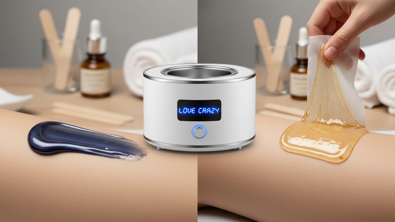 A side-by-side comparison of thick stripless hard wax and thin soft wax with a fabric strip in a professional salon setting.