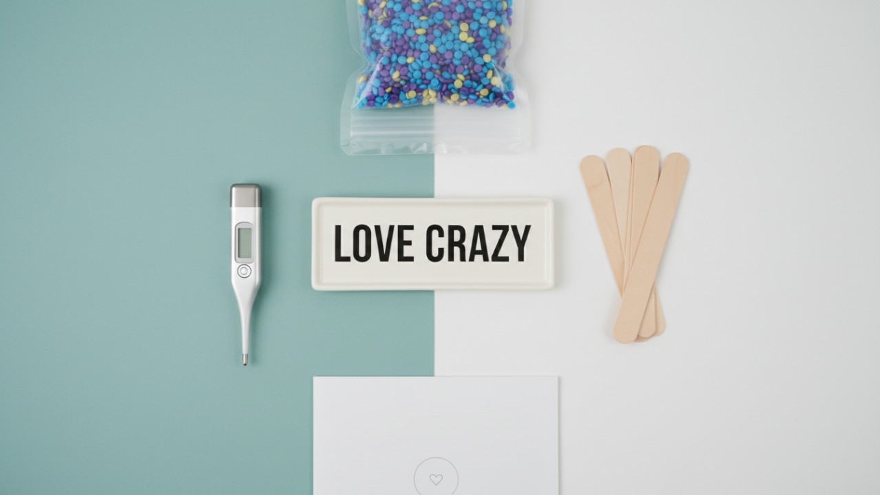 An organized professional waxing kit and a brand sign for LOVE CRAZY representing expert beauty tips.