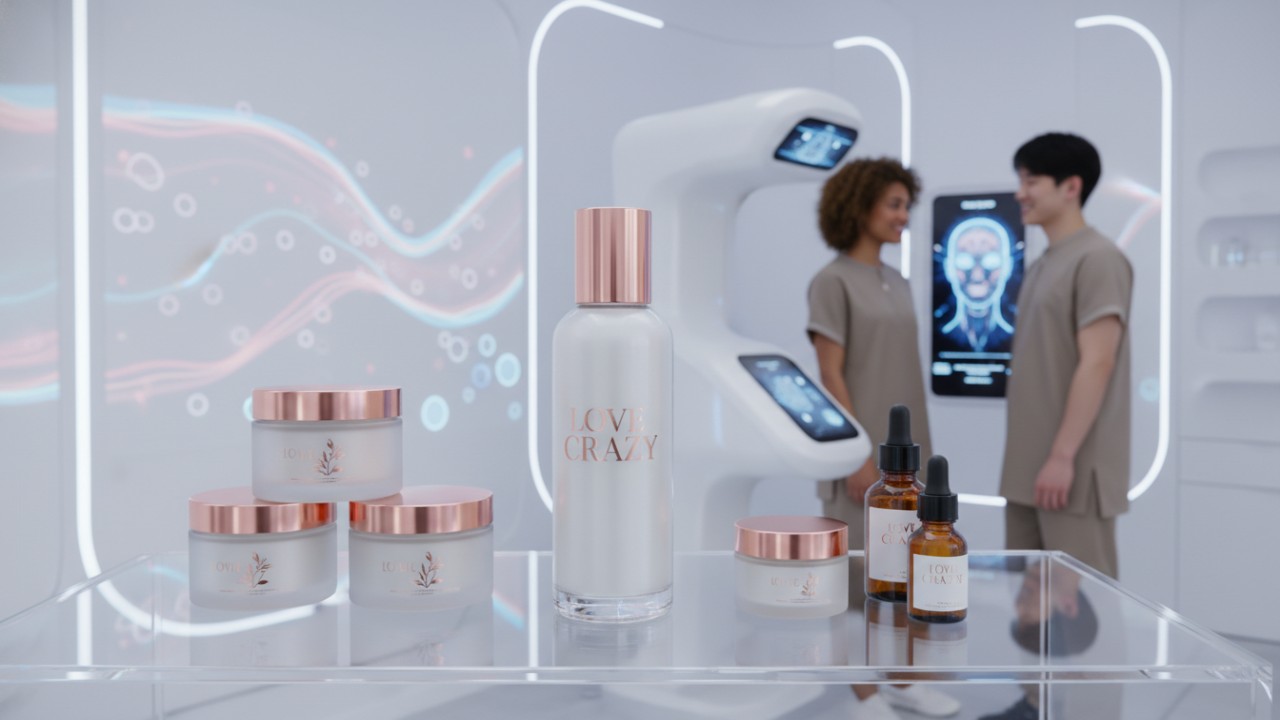 Modern skincare products and professional wax jars for sensitive skin types displayed in a high-tech beauty clinic.