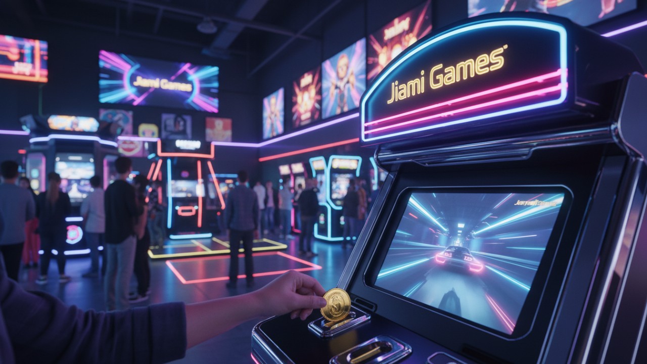 A brightly lit arcade hall featuring a modern cabinet with the Jiami Games logo on the marquee.
