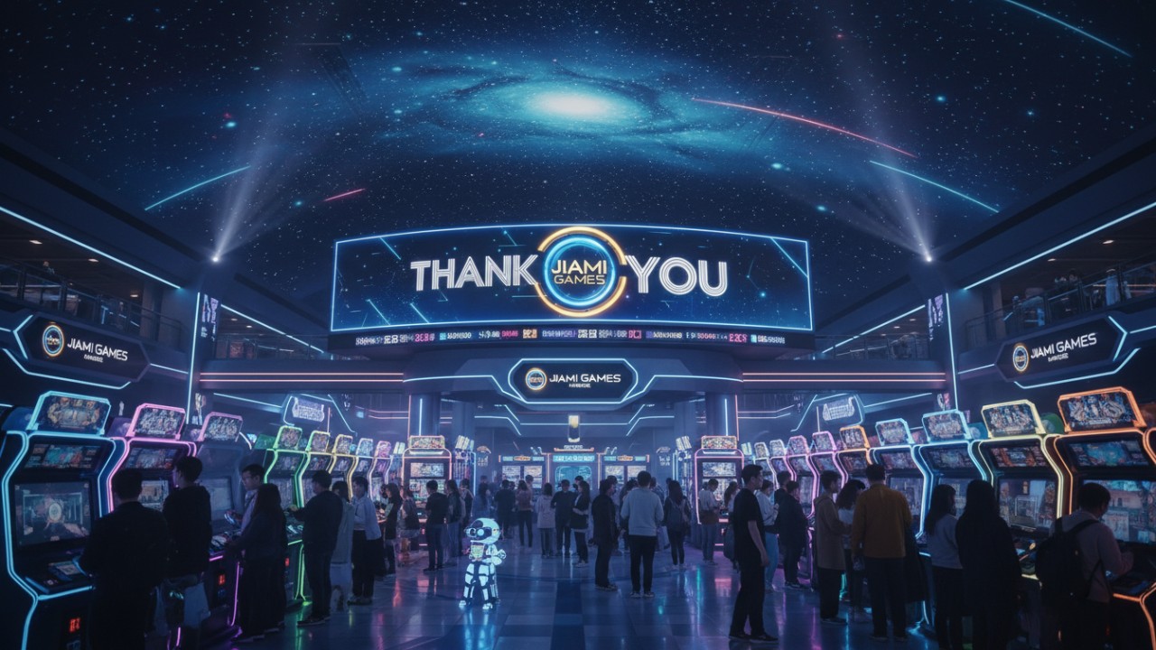 A bustling modern arcade with a large digital sign featuring the Jiami Games logo