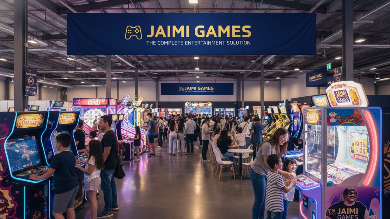 A busy and successful arcade venue filled with people and a large Jiami Games banner hanging from the ceiling.