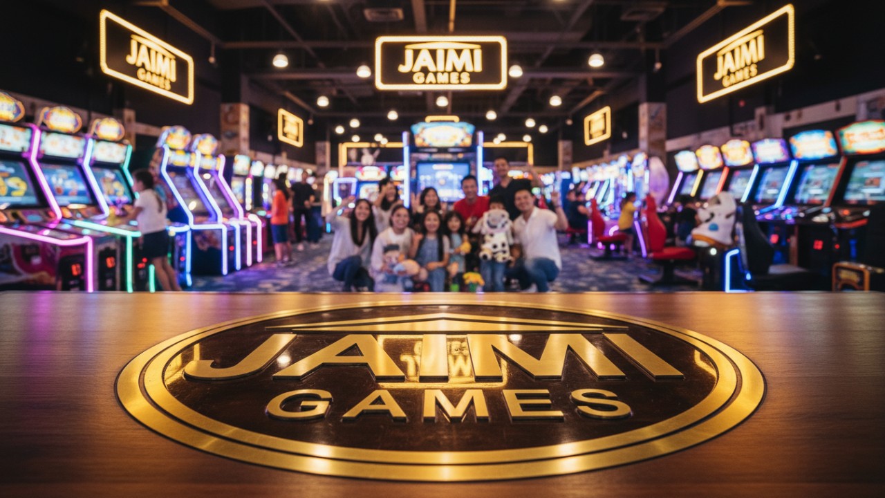 A busy and successful family entertainment center featuring various game machines and a large Jiami Games logo on the floor.