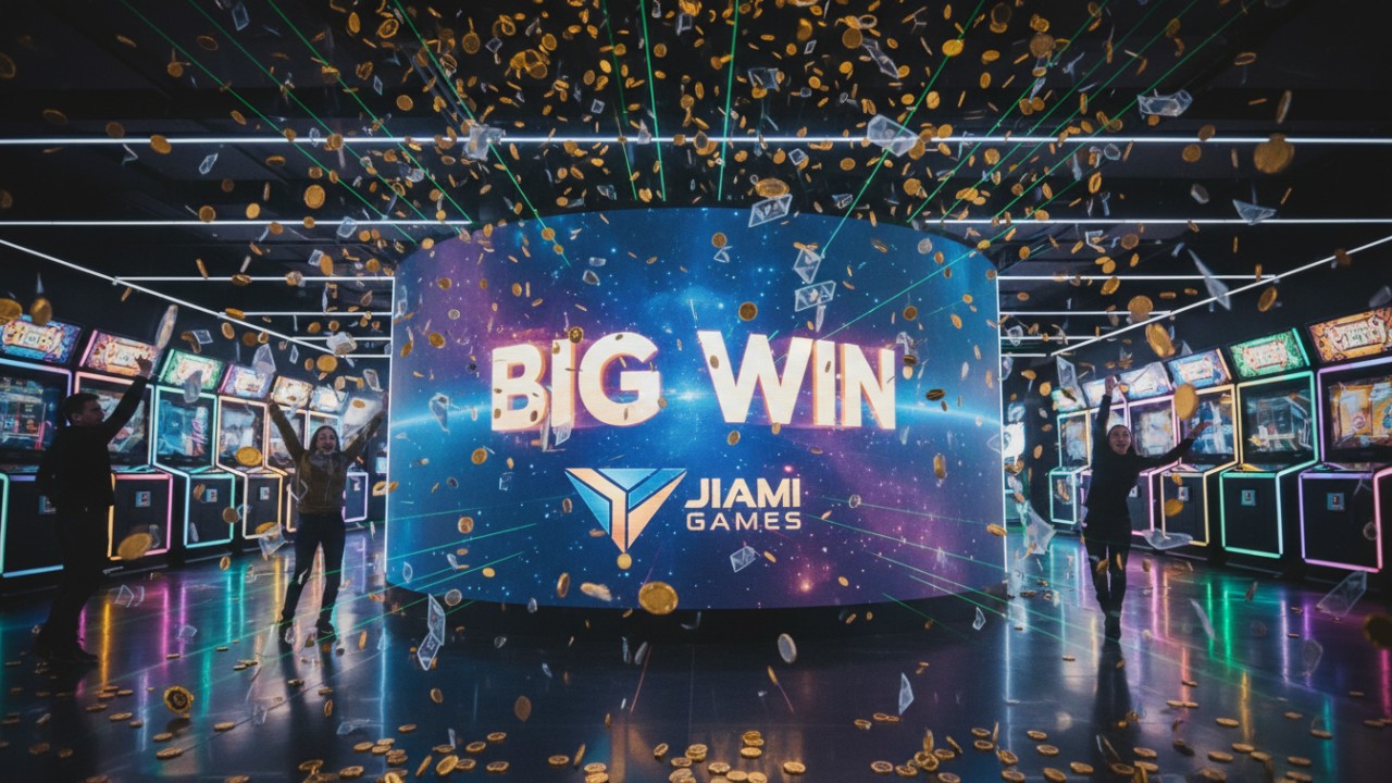 A celebratory arcade scene with falling tokens and a Jiami Games big win display.