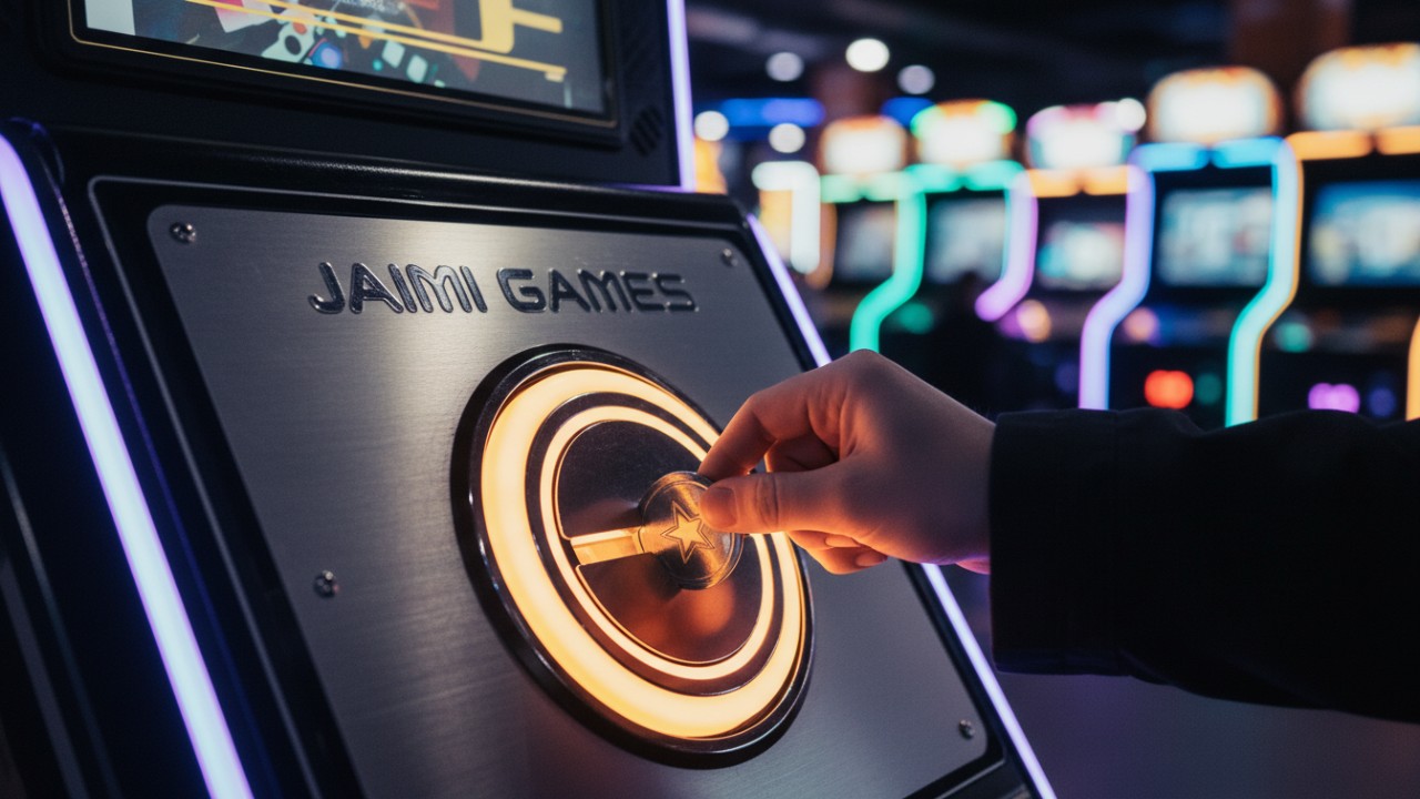 A close up of a coin slot on an arcade machine with Jiami Games branding in a neon lit environment.