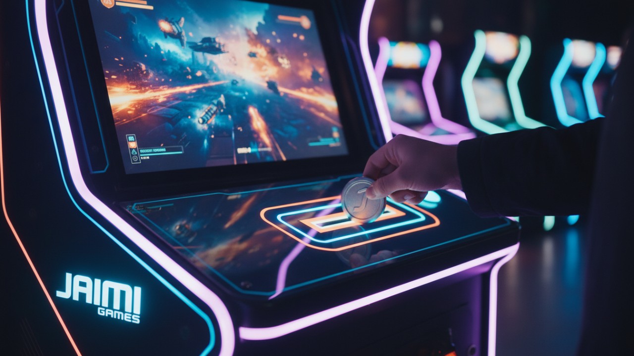 A close up shot of a person inserting a coin into a glowing arcade machine slot with Jiami Games branding on the cabinet.