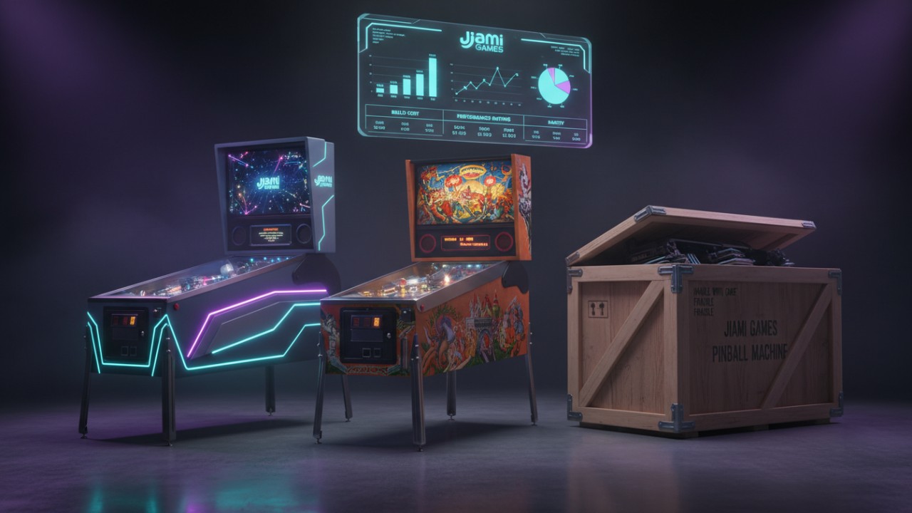 A comparison layout showing new, refurbished, and manufacturer-direct pinball machines with a Jiami Games branded data overlay