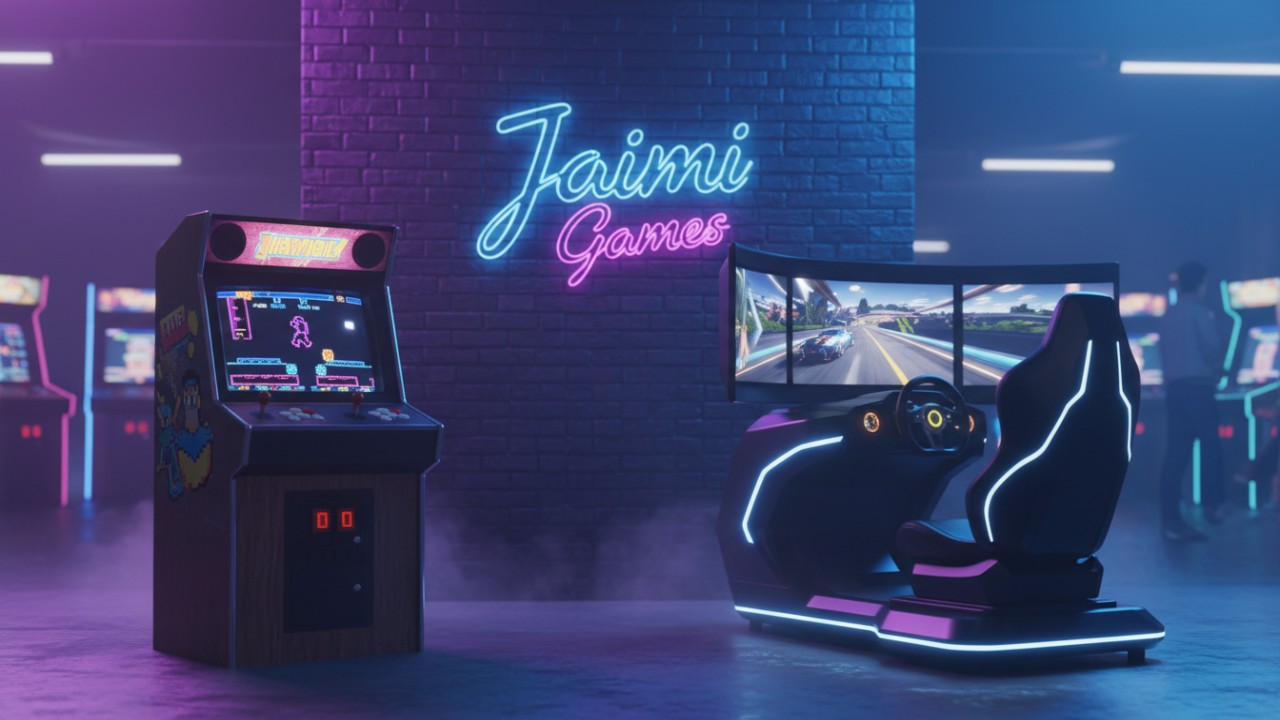 A comparison of retro and modern arcade machines in a neon lit room with a Jiami Games sign.