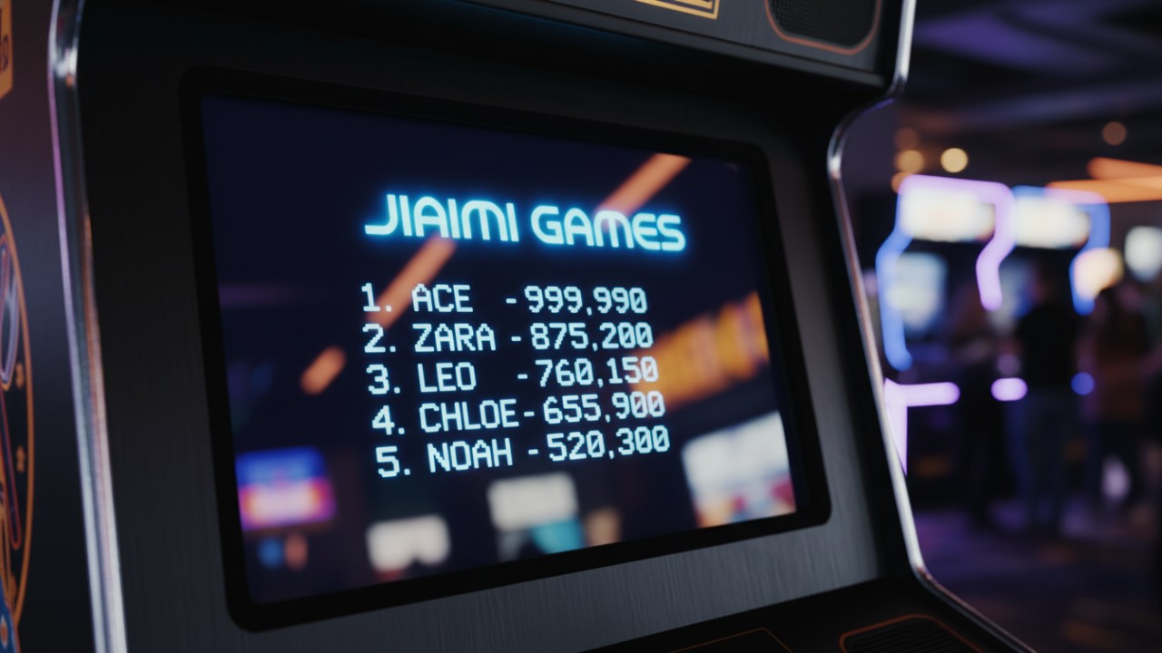 A digital high score screen displaying the Jiami Games brand name in a modern arcade setting.