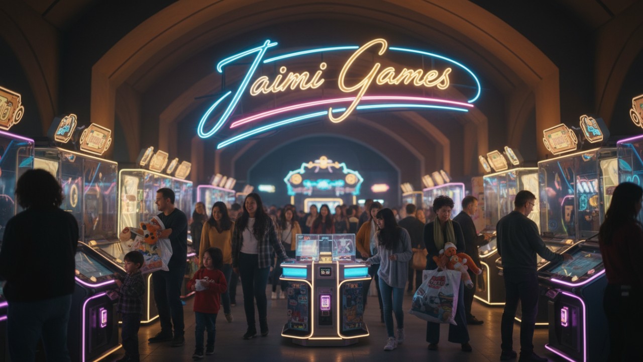 A flourishing arcade venue in 2026 with a prominent Jiami Games neon sign hanging from the ceiling.