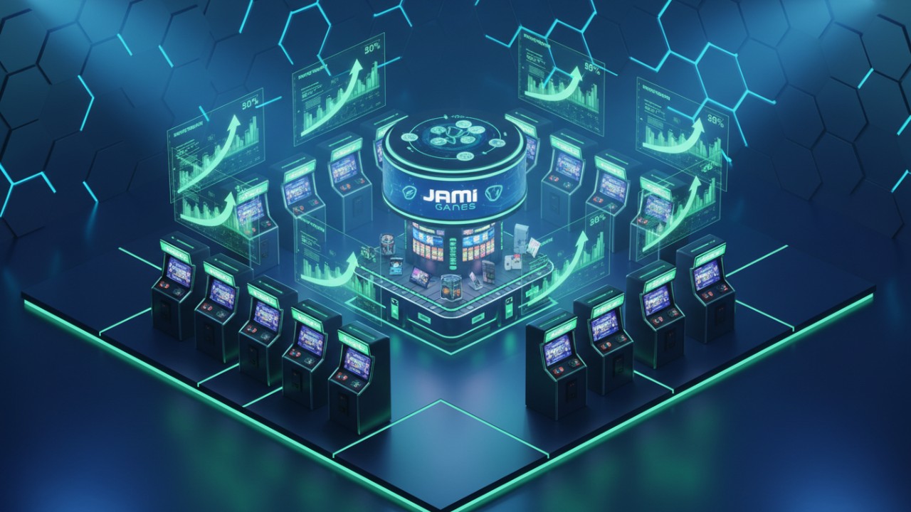 A futuristic 3D isometric view of an arcade business showing profit growth charts and Jiami Games equipment.