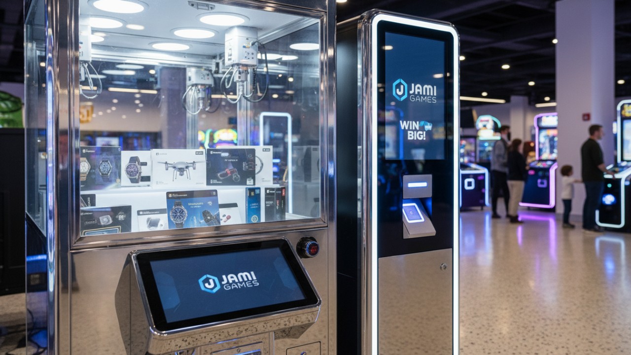 A high end prize redemption arcade machine featuring a digital screen with the Jiami Games logo.