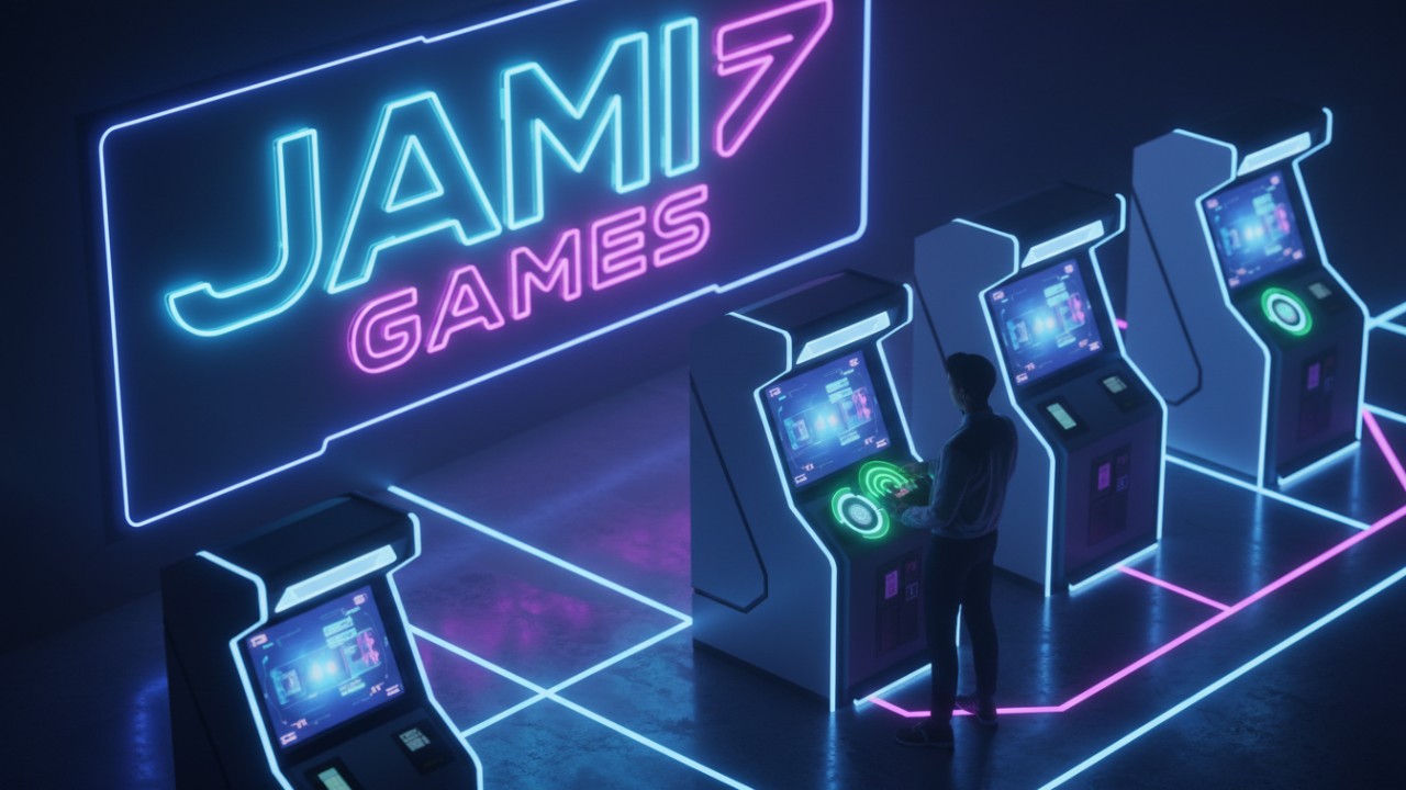 A high-tech futuristic arcade scene for 2026 showing contactless payment technology and Jiami Games branding on a digital wall.