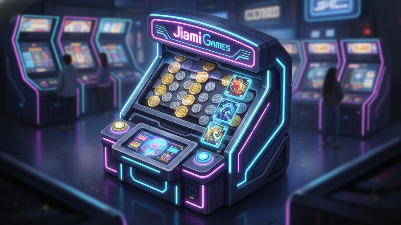 A modern coin pusher arcade game by Jiami Games with glowing neon lights and cascading tokens.