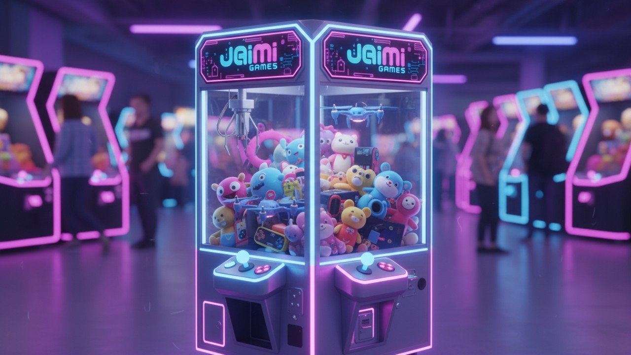 A modern neon-lit claw machine filled with toys and electronics with the Jiami Games logo on the header