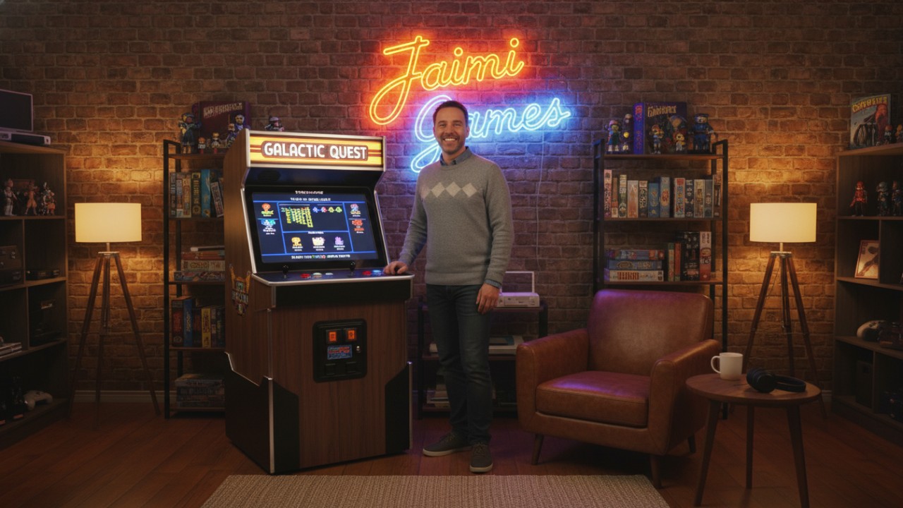 A satisfied arcade owner in a well-lit game room featuring a Jiami Games neon sign and a classic cabinet