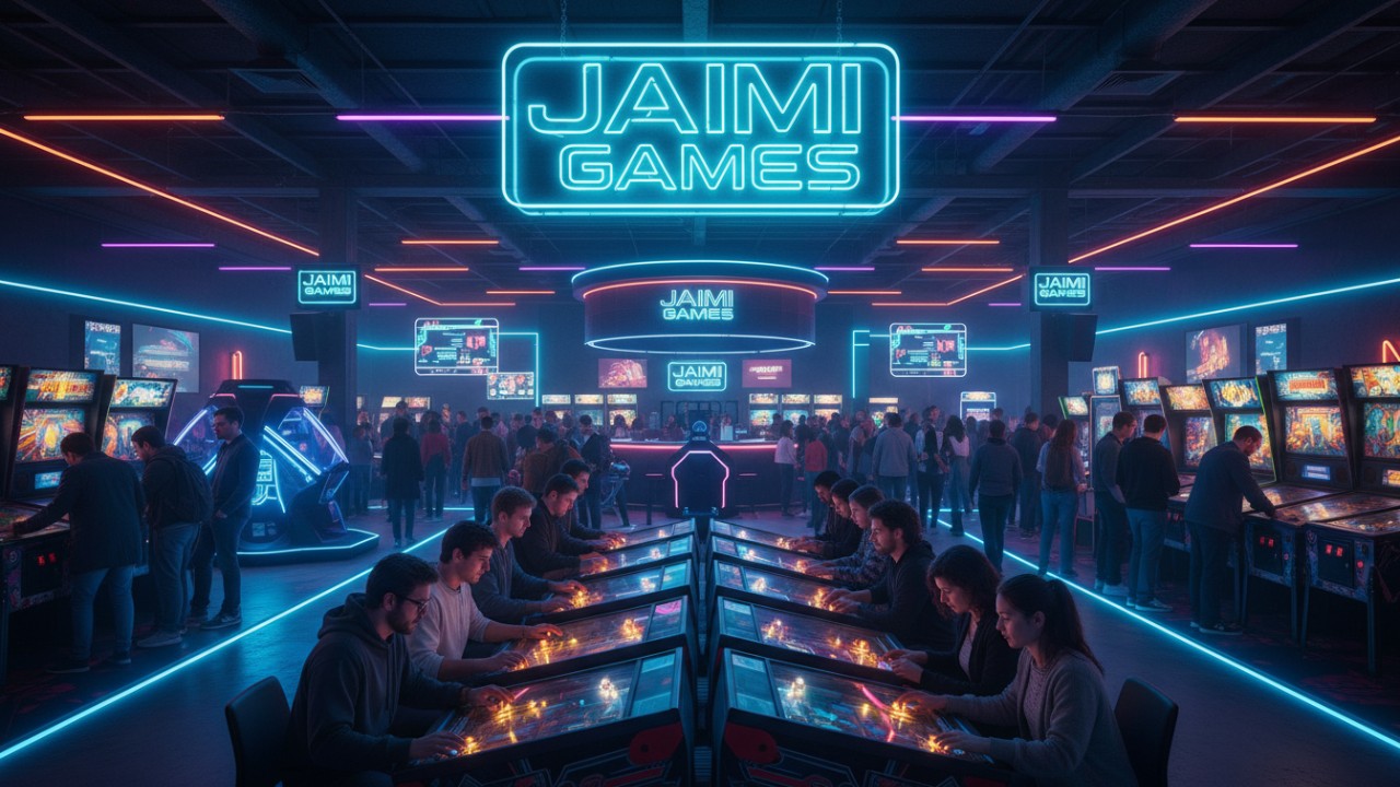 A vibrant 2026 arcade scene with players and a large neon Jiami Games sign hanging from the ceiling