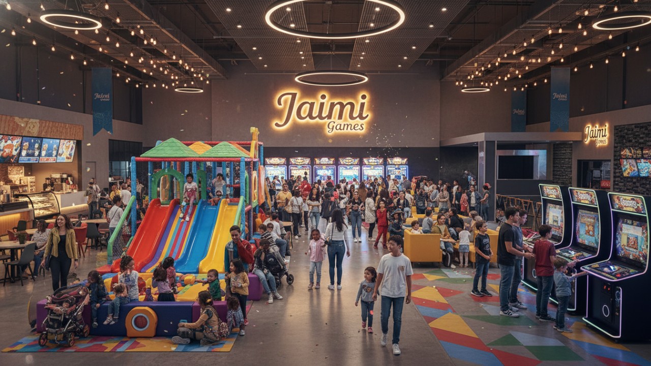 A wide shot of a bustling and successful arcade center with a large Jiami Games sign visible on the wall.