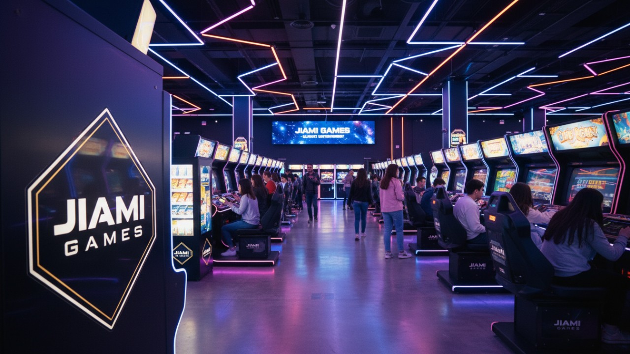 A wide shot of a successful arcade business featuring glowing gaming cabinets and professional branding.
