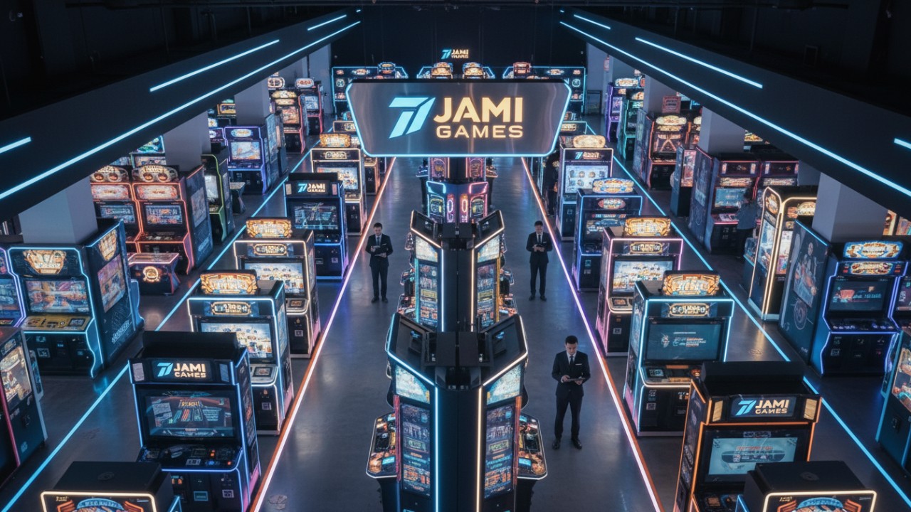 A wide view of a professional arcade floor filled with Jiami Games commercial equipment and operators.