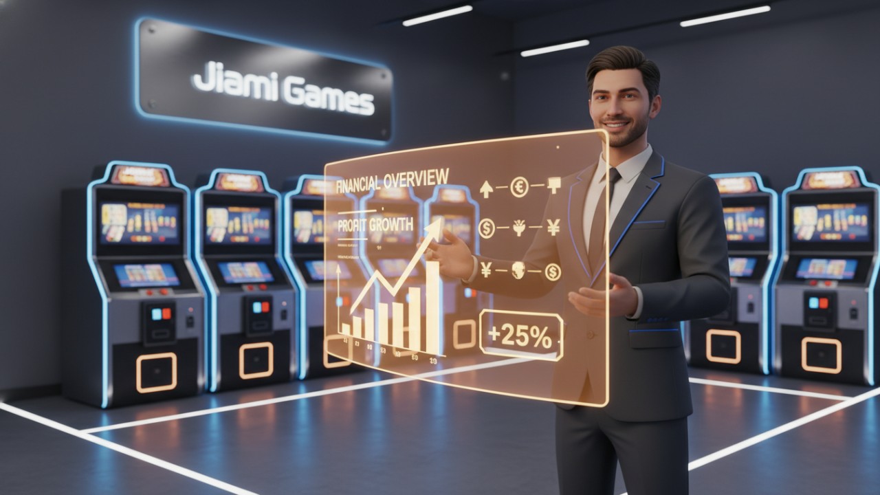 An arcade operator analyzing profitability charts in a center featuring Jiami Games equipment.