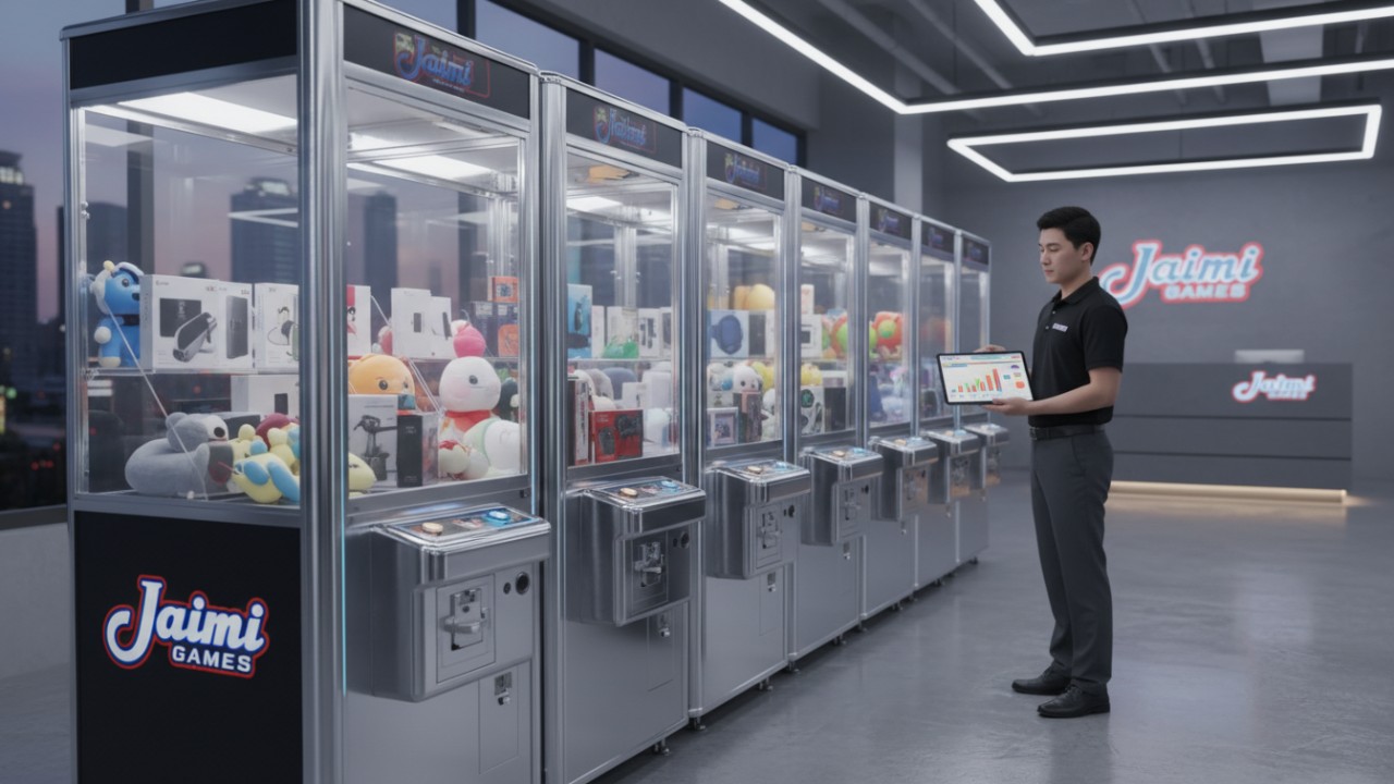 An arcade operator managing a route of prize machines with the Jiami Games brand visible on the equipment