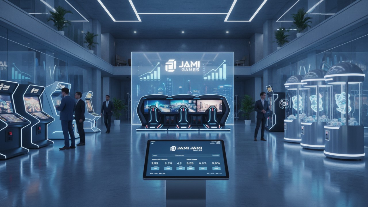 An innovative arcade showroom featuring diverse machines and a digital management interface with the Jiami Games logo