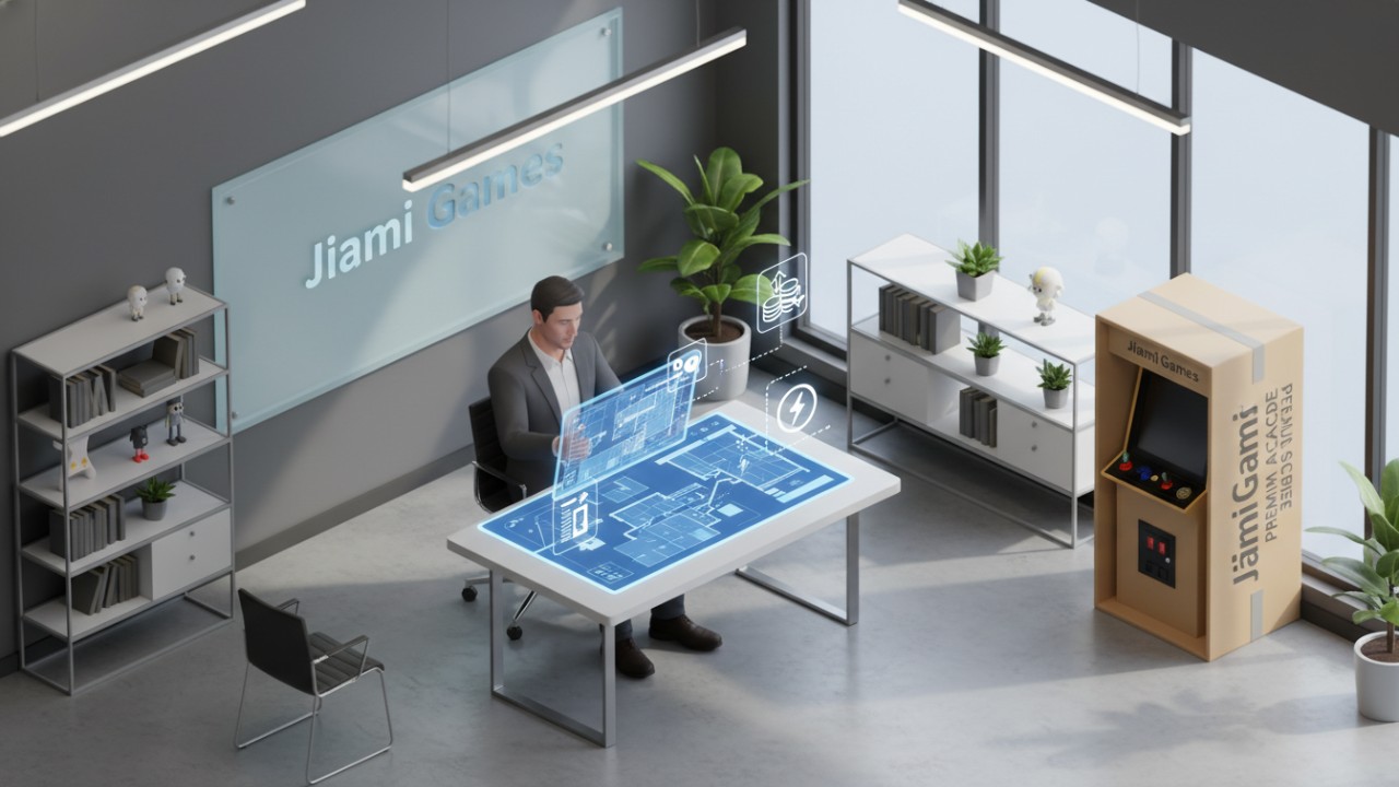 An isometric illustration showing a professional planning an arcade layout with a branded Jiami Games machine box.