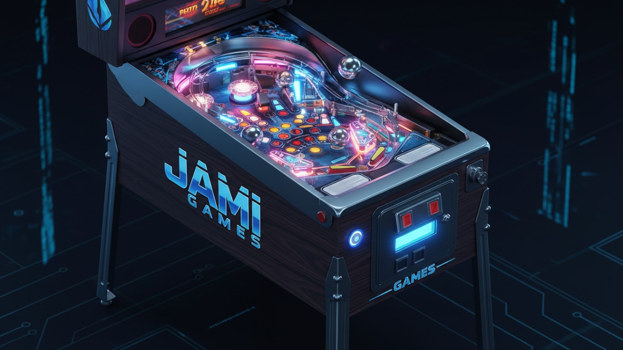 An isometric view of a modern Jiami Games pinball machine showing the playfield and coin mechanism