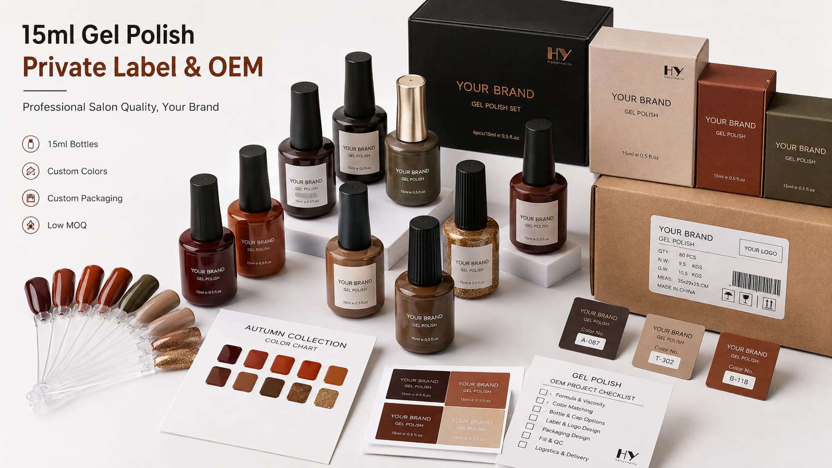 15ml private label autumn gel polish packaging with bottles, cap styles, labels, outer boxes, kit boxes, color charts, and carton labels