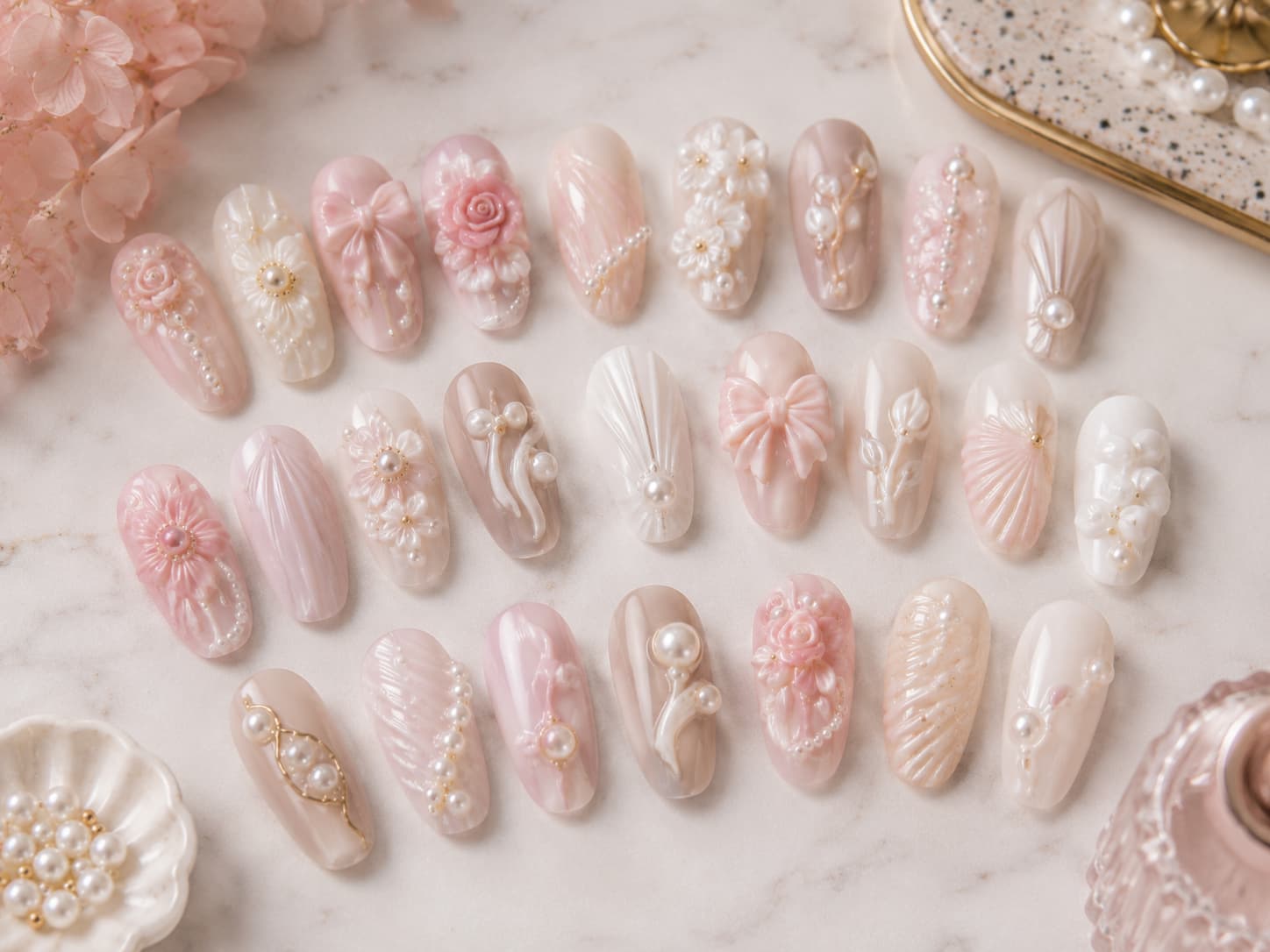 3D nail art designs with flowers pearls and shells
